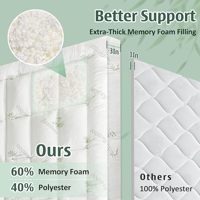 DOWNCOOL 3 Inch Memory Foam Mattress Topper Twin – Cooling Pillow Top Mattress Topper for Back Pain Relief, with Bamboo Viscose Air Layer, 1700 GSM Fill, Deep Pocket Fits 8"–21"