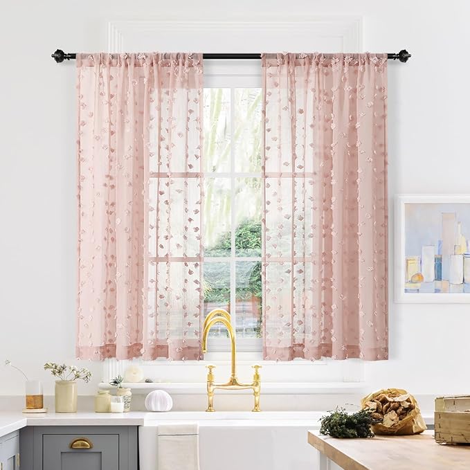 MYSKY HOME Pink Sheer Short Curtains with Pom Pom for Small Windows Dusty Rose Bedroom Nursery Kids Girls Room Curtains Cafe Kitchen Light Filtering Boho Drapes, Rod Pocket,38 x 54 Inches, 2 Panels