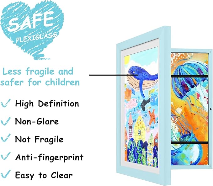 KINLINK 8.5x11 Kids Art Frames Set of 2, Solid Wood Kids Artwork Frames Changeable with Acrylic Front Opening Holds 150 Pictures, Art Frame for Kids Artwork with Mat or without Mat, Light Blue