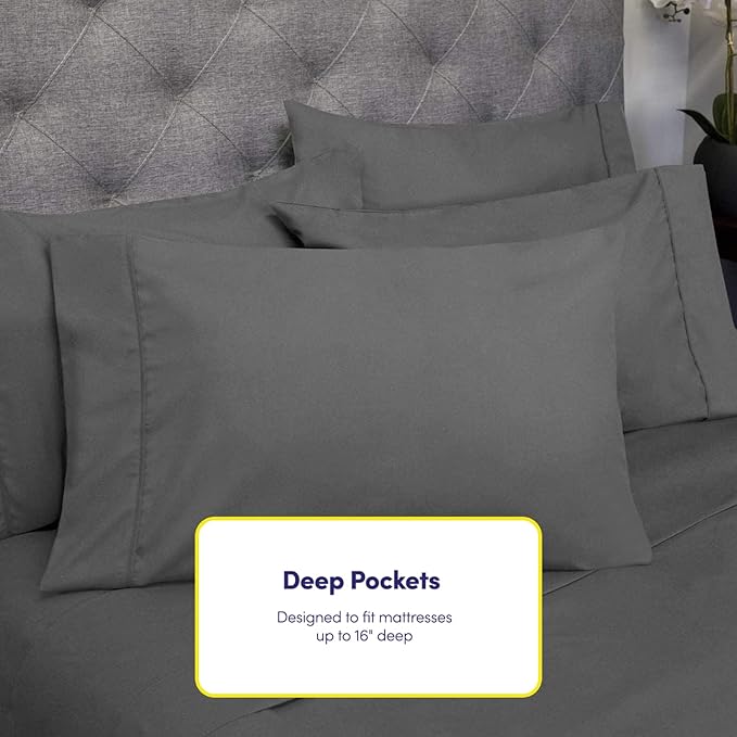 Sweet Home Collection 6 Piece 1500 Supreme Collection Brushed Microfiber Deep Pocket Sheet Set-2 Extra Pillow Cases, Great Value, Rv Short Queen, Gray