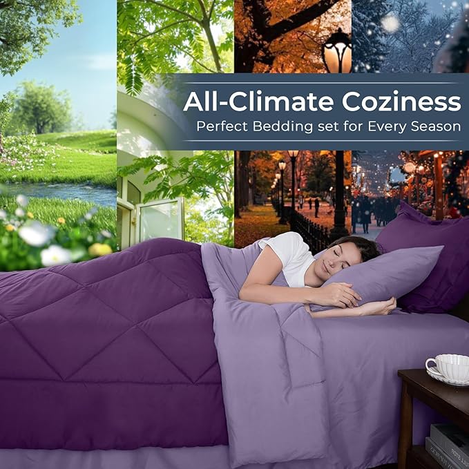HEVUMYI Purple & Light Purple King Comforter Set - 7-Piece All Season Bed in a Bag King, Ultra Soft Bedding Set with Comforter, Flat Sheet, Fitted Sheet, Pillowcases, Pillow Shams