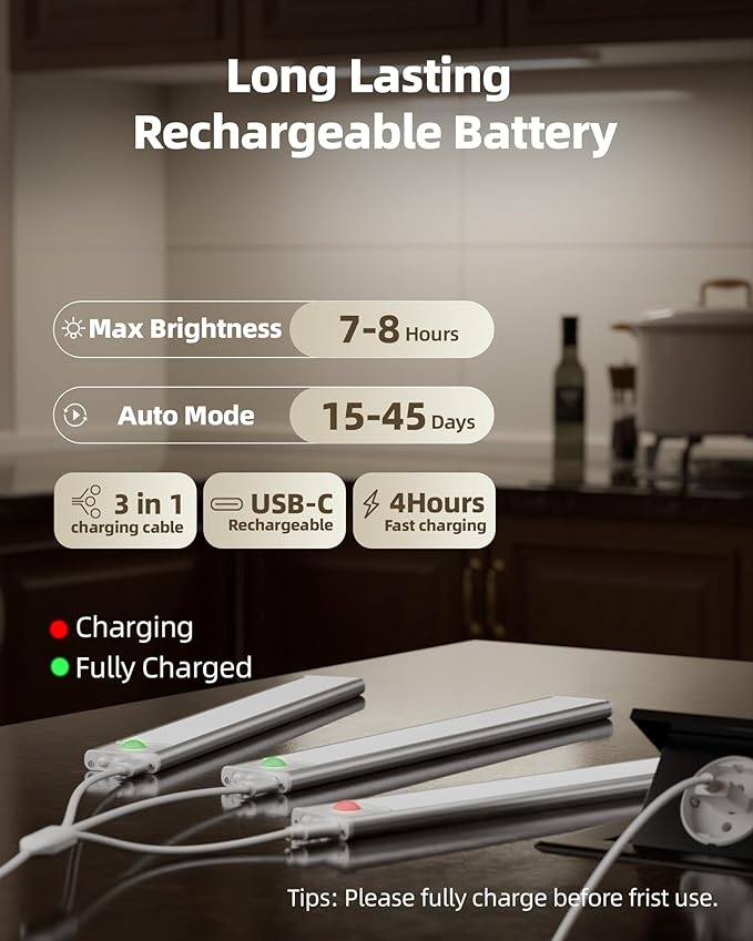 Under Cabinet Lighting Wireless,Rechargeable Battery Motion Sensor Light Indoor,LED Closet Lights USB Charging,3 Color Dimmable Under Cabinet Lights for Kitchen, Cabinet, Wardrobe (3 Pcs) 16inch
