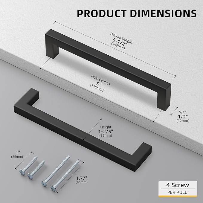 goldenwarm 10 Pack 5 Inch Black Cabinet Handles Kitchen - Matte Black Drawer Pulls Stainless Steel - 128mm Cabinet Hardware Square Bar Modern Cabinet Pulls for Kitchen Bathroom Cupboard