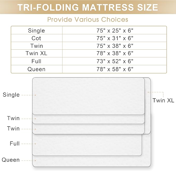 Tri-fold Folding Mattress, 6 Inch Memory Foam Guest Bed with Washable Bamboo Fabric, Breathable, Perfect for Camping & Road Trips