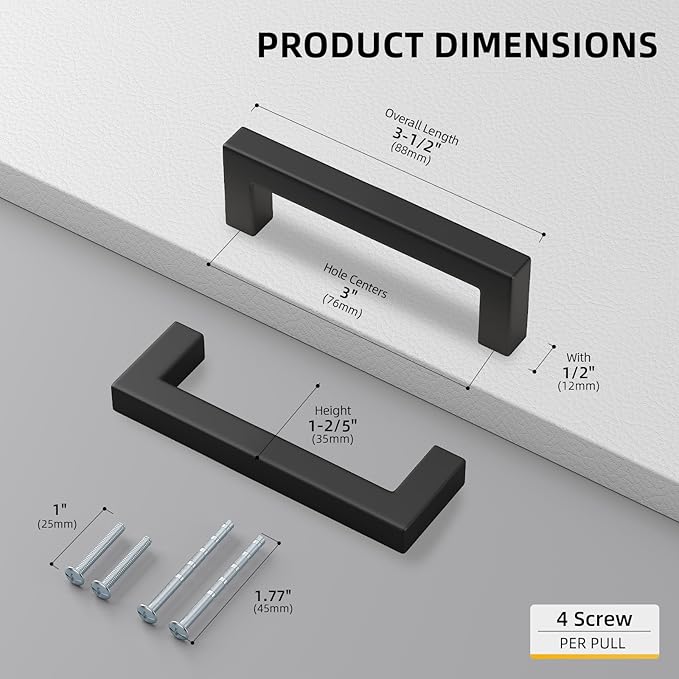 Goldenwarm 2Pack Black Square Bar Cabinet Pull Drawer Handle Stainless Steel Modern Hardware for Kitchen Bathroom Cabinets Cupboard,Center to Center 3in (76mm) Modern Matte Black Drawer Pulls