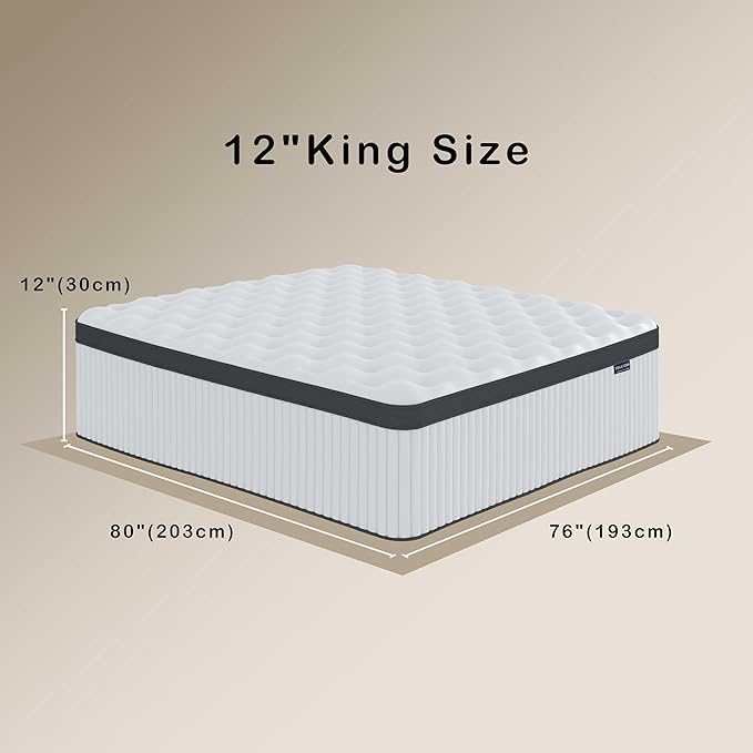 King Size Mattress, 12 Inch Innerspring Hybrid Mattress in a Box with Gel Memory Foam, Individually Wrapped Encased Coil Pocket Spring Mattresses, Pressure Relief, Medium Firm, 76"*80"*12"