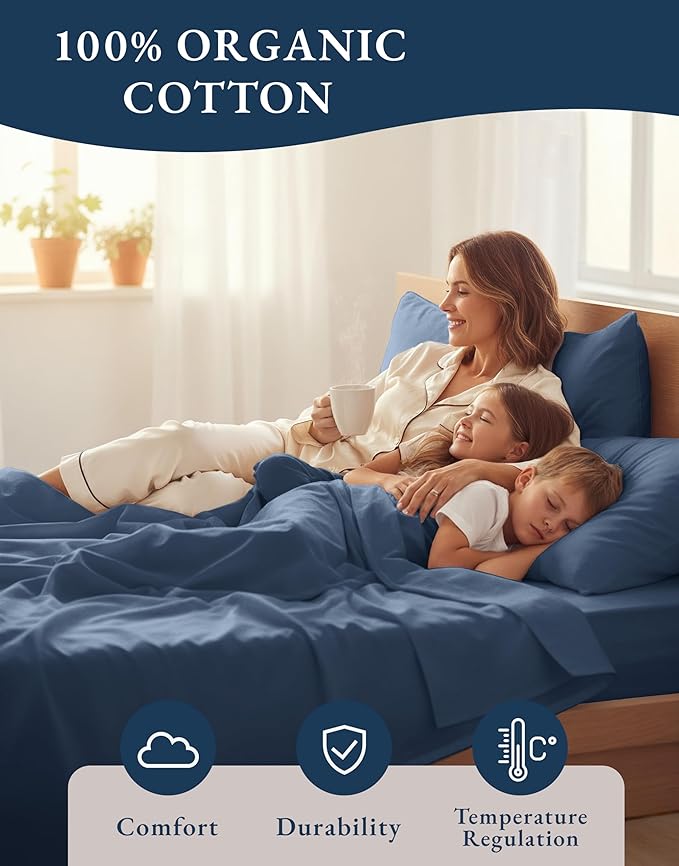LANE LINEN 100% Organic Cotton Queen Sheets Set, Fully Elasticized Machine Washable Mercerized Cotton Soft & Comfy Low Pill Fade Resistant Sheets Queen Size Set, Classic Percale Weave- Estate Blue