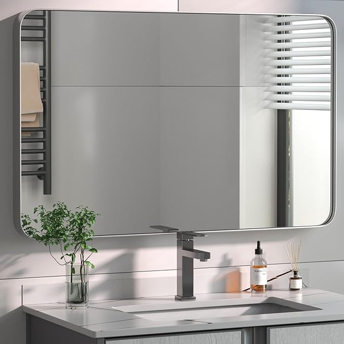 PAIHOME 24x36-Inch Brushed Nickel Bathroom-Vanity-Mirror for Wall - 304 Stainless Steel Silver Frame Bathroom Mirrors, Rectangle Farmhouse Mirror, Vertical Or Horizontal Hanging Modern Mirror