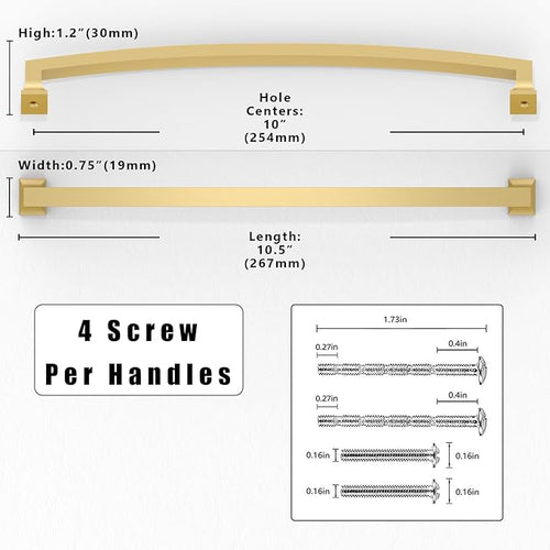 10 Pack Brushed Gold Cabinet Pulls 10 Inch(254mm) Kitchen Cabinet Handles Solid Zinc Alloy Cabinet Hardware Drawer Pulls