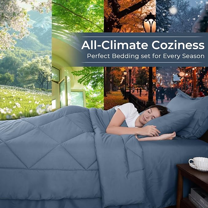 HEVUMYI Dusty Blue King Comforter Set - 7-Piece All Season Bed in a Bag King, Ultra Soft Bedding Set with Comforter, Flat Sheet, Fitted Sheet, Pillowcases, Pillow Shams