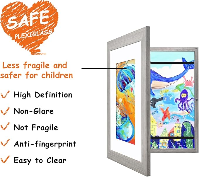KINLINK 8.5x11 Kids Art Frames Set of 2, Solid Wood Kids Artwork Frames Changeable with Acrylic Front Opening Holds 150 Pictures, Art Frame for Kids Artwork with Mat or without Mat, Grey