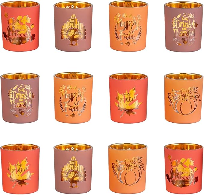 Hewory Thanksgiving Votive Candle Holders: Fall Glass Tea Light Candle Holder Set of 12, Thanksgiving Table Decorations Centerpieces for Dinner Table Fireplace Mantle Fall Decorations for Home Party