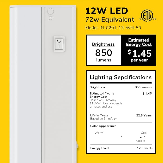 GETINLIGHT 24-inch Hardwired Only LED Under Cabinet Lighting, Daylight White(5000k), Dimmable, Matte White Finished, ETL Listed, IN-0201-13-WH-50