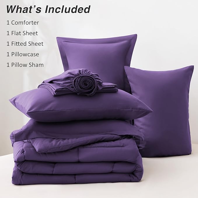 Love's cabin Twin XL Comforter Set Dark Purple, 5 Pieces Twin XL Bed in a Bag, All Season Bedding Sets with 1 Comforter, 1 Flat Sheet, 1 Fitted Sheet, 1 Pillowcase and 1 Pillow Sham