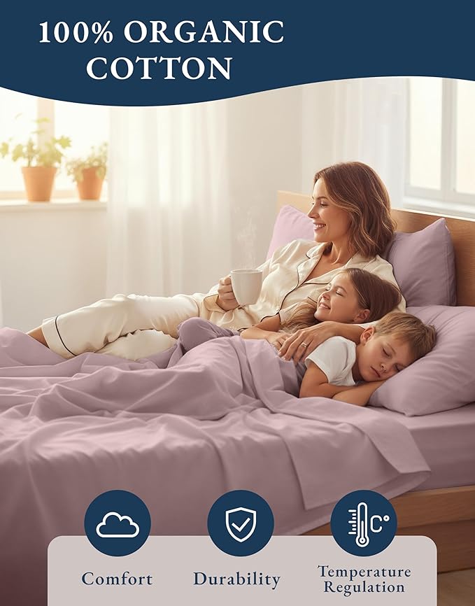 LANE LINEN Eco Friendly 100% Organic Cotton Bed Sheets Full Size, Fully Elasticized Reinforsed Seams, Machine Washable Naturally Cooling Full Sheet Deep Pocket Bedding- Lilac