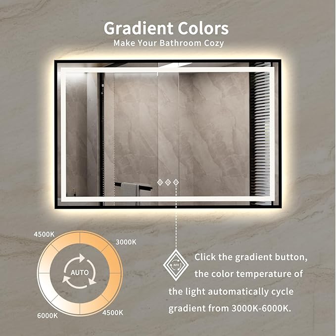 LED Bathroom Mirror, 60x40 Inch Black Framed Gradient Front and Backlit Bathroom Mirror with LED Lights, 3 Colors Dimmable CRI>90, IP54 Enhanced Anti-Fog Wall Mounted Backlit Mirror
