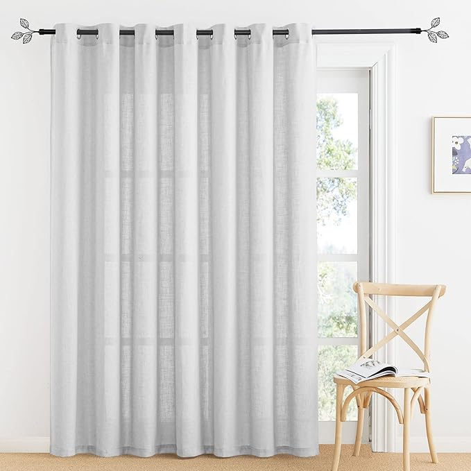 RYB HOME Sheer Curtains for Patio - Linen Bedroom Privacy Drapes Large Window Decor for Living Room Dining Guest Room, Dove Grey, Width 100 x Length 95 inch, Set of 1