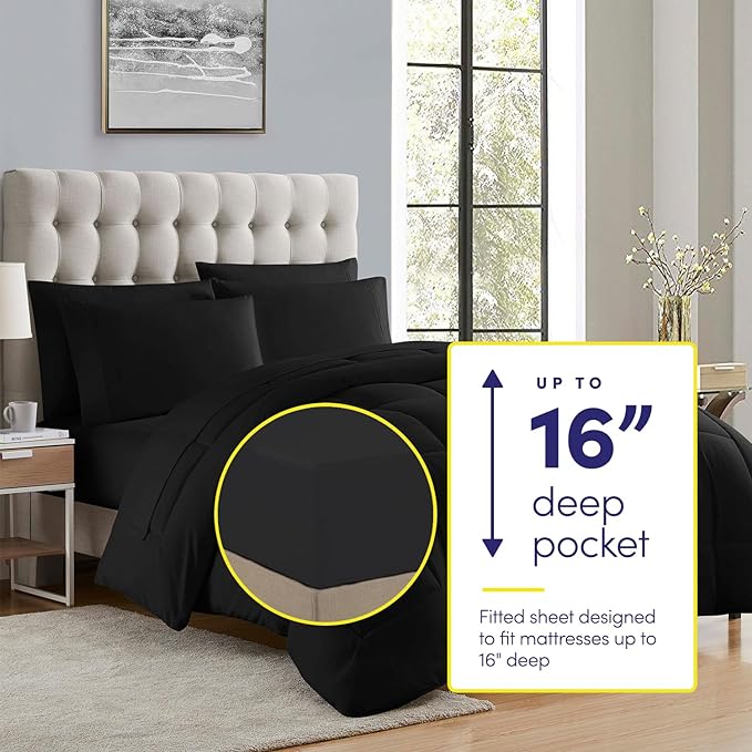 Sweet Home Collection 5 Piece Comforter Set Bag Solid Color All Season Soft Down Alternative Blanket & Luxurious Microfiber Bed Sheets, Black, Twin (Pack of 4)