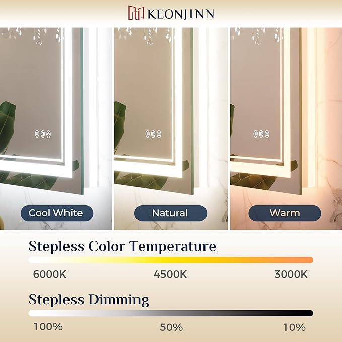Keonjinn LED Bathroom Mirror 40” x 24” with Frontlit and Backlit, Stepless 3 Colors Temperature & Dimmable Vanity Mirror, UL Listed LED Driver, Double Light Strips, Tempered Glass Mirror with Lights