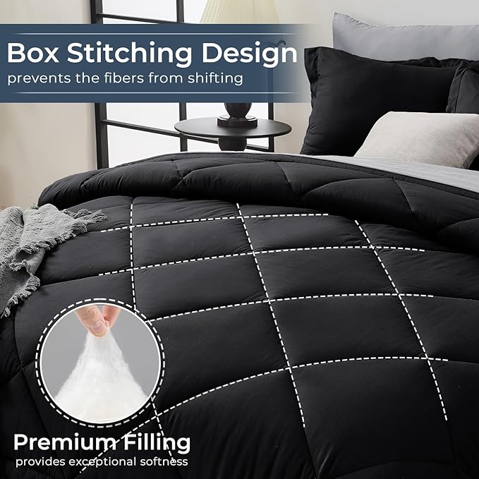 HEVUMYI Twin-XL Comforter Set - 5-Piece All Season Bed in a Bag Twin-XL, Ultra Soft Bedding Set with Comforter, Flat Sheet, Fitted Sheet, Pillowcases, Pillow Shams, Black & Light Grey