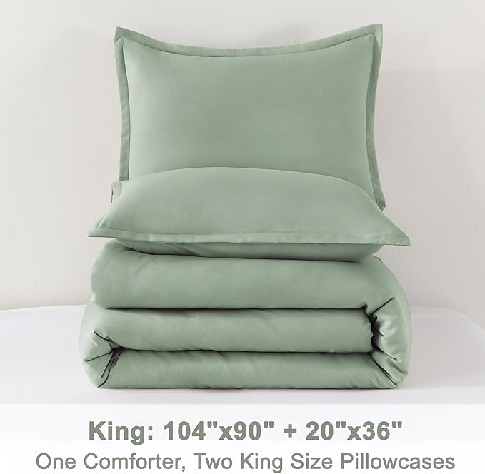 Litanika King Size Comforter Set Sage Green, 3 Pieces Lightweight Solid Comforter King Size, All Season Fluffy Down Alternative Comforter Bed Set Quilt Blanket