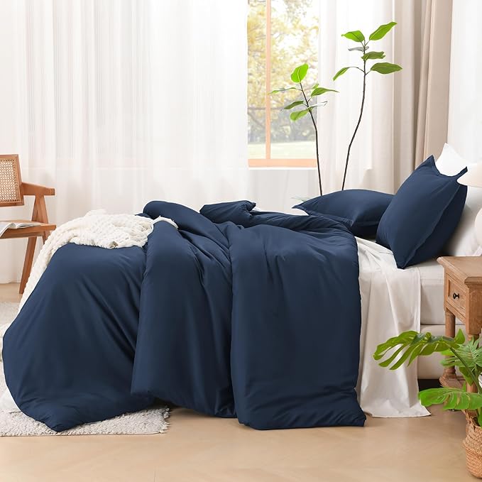 Litanika Navy Blue Comforters Oversized Queen Size, 3 Pieces Lightweight Solid Bedding Comforter Set, All Season Fluffy Bed Set (98x98In Comforter & 2 Pillowcases)
