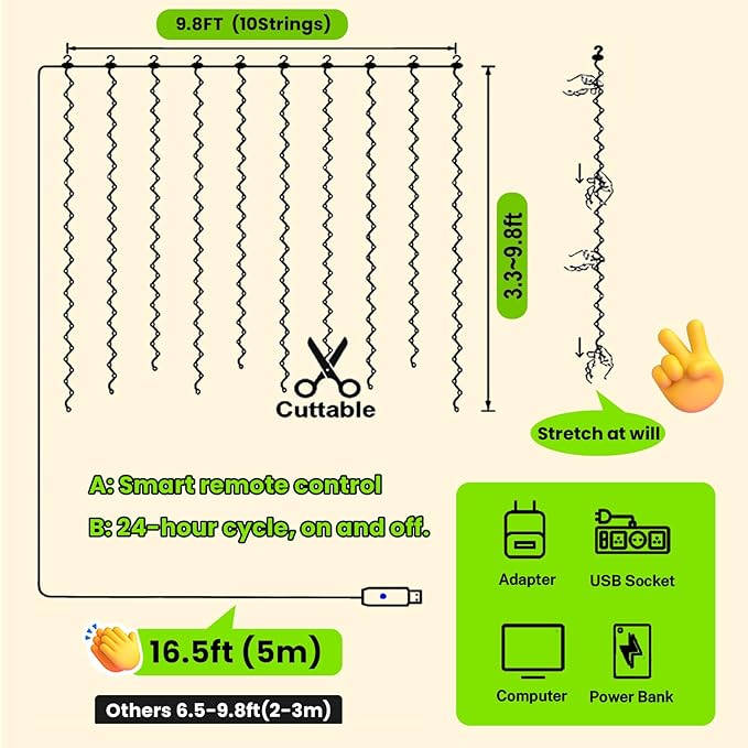 HXWEIYE 300LED Fairy Curtain Lights, 9.8x9.8Ft USB Plug-in 8 Modes Christmas String Hanging Lights with Remote for Bedroom Backdrop Wedding Party Indoor Wall Decor, Green, Standard