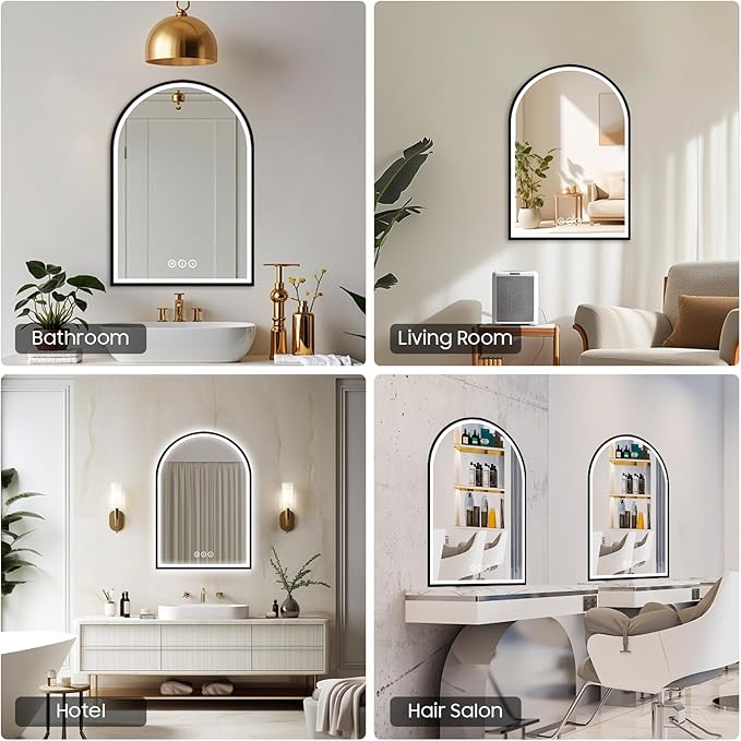 20x30 Inch Arch LED Bathroom Mirror, Black Lighted Bathroom Mirrors Wall Mounted, Vanity Mirror with Anti-Fog, Memory Function, 3 Color Temperature, Dimmable Led Mirror for Bathroom