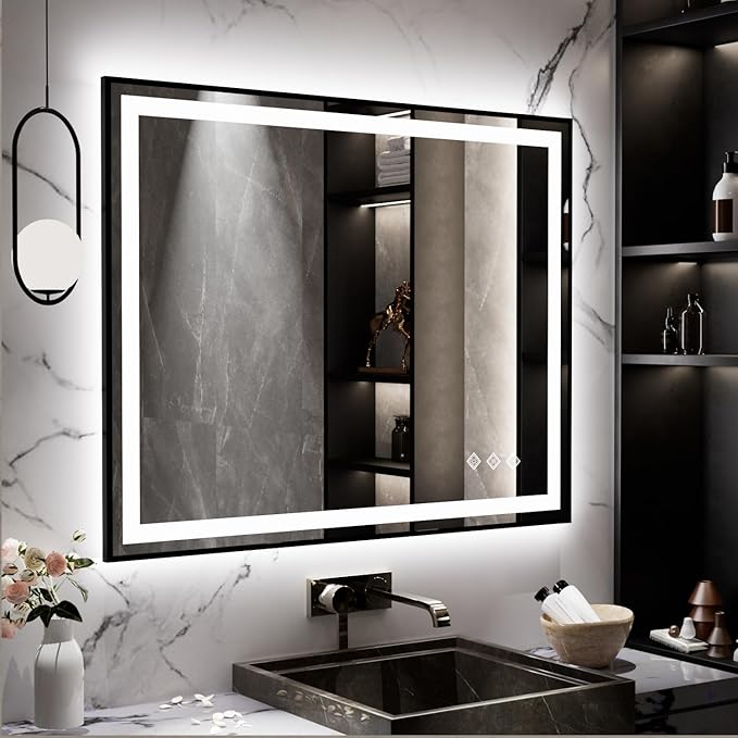 LED Mirror, 40x32 Inch Black Framed Gradient Front and Backlit Bathroom Mirror with Lights, 3 Colors Dimmable CRI>90, IP54 Enhanced Anti-Fog Wall Mounted LED Bathroom Mirror