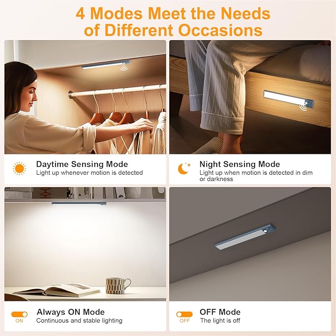 Gritin 10.2inch Under Cabinet Lighting Rechargeable -84 LED Super Bright,3-Color& 5 Level Brightness,4 Modes,Motion Sensor, Long Lasting- Easy Installation Magnetic Closet Lights -2 Pack-Sea Blue