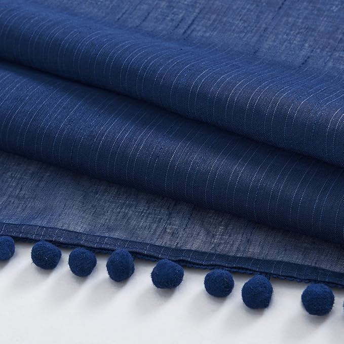 Treatmentex Pom-Pom Blue Sheer Curtains for Bedroom 63" Window Drapes Rod Pocket Textured Sheer Curtain Panels for Boy's Room Navy 52" w 2 pcs