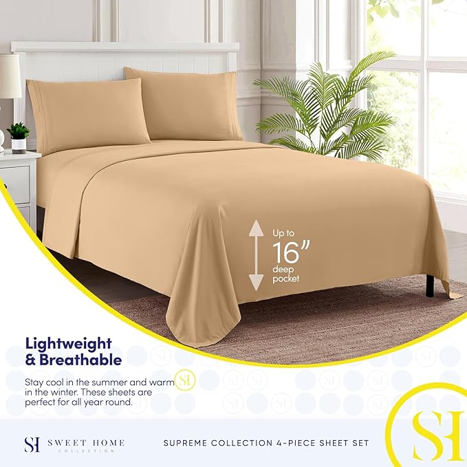 California King Sheet Sets - Breathable Luxury Sheets with Full Elastic & Secure Corner Straps Built In - 1800 Supreme Collection Cal King Deep Pocket Bedding Set, Sheet Set, California King, Camel