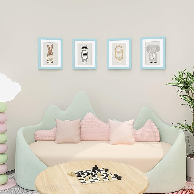 KINLINK 8.5x11 Kids Art Frames Set of 2, Solid Wood Kids Artwork Frames Changeable with Acrylic Front Opening Holds 150 Pictures, Art Frame for Kids Artwork with Mat or without Mat, Light Blue