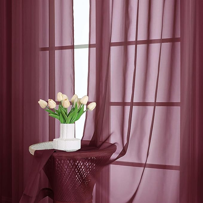 OWENIE Burgundy Sheer Curtains 108 Inches Long for Living Room Bedroom 2 Panels Set, Lightweight Airy Burgundy Sheer Curtain, Filmy Rod Pocket, 2 PCS, Each 59" W x 108" L