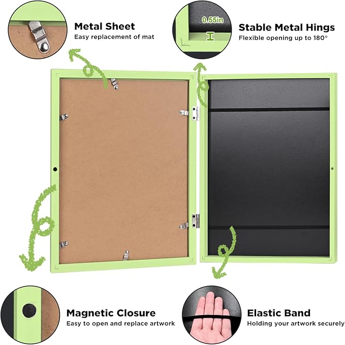 KINLINK A4 Kids Art Frames Set of 2, Solid Wood Kids Artwork Frames Changeable with Acrylic Front Opening Holds 150 Pictures, Art Frame for Kids Artwork with Mat or without Mat, Light Green