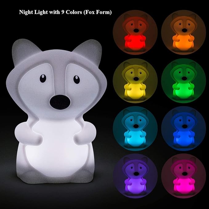 Animal Fox Kids Night Light, Cute Children's Room LED Bedside Rechargeable Child Lamp with Changeable RGB 9 Colors for Boy/Girl/Adult/Baby, Compatible with Touch-Control & Remote Control