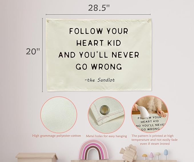 Mental Health Inspirational Rectangular Banner Flag Wall Sign Decor Gift for Boy Girl Kid Teen,Classroom Therapy Office Homeschool Reading Room Bedroom -Follow Your Heart Kid-Birthday Christmas Gift