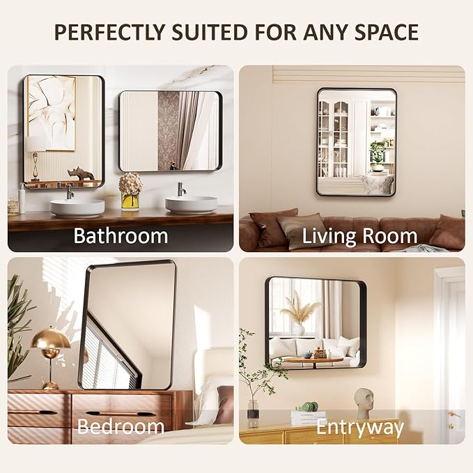 28×32 Black Frame Mirror for Over Sink - Rectangular Decorative Bathroom Mirrors with Rounded Corners & Aluminium Frame, Tempered-Glass, Restroom, Entryway, Wall, Vanity