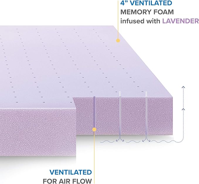 Mellow 4 Inch Ventilated Memory Foam Mattress Topper, Soothing Lavender Infusion, CertiPUR-US Certified, Full