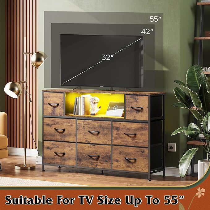 WLIVE TV Stand for 45, 50, 55 inch TV, Entertainment Center with LED Lights & Charging Station, TV Media Console Table with 8 Fabric Drawers and Open Shelves for Living Room, Hallway, Rustic Brown
