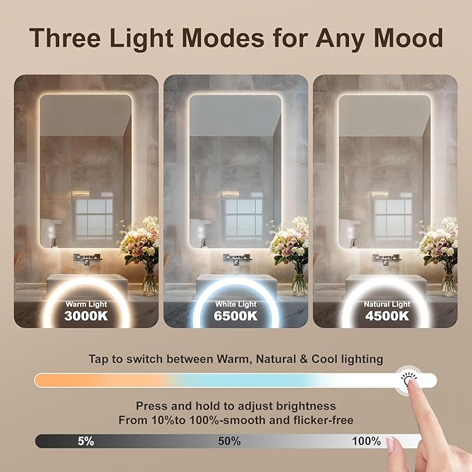 40‘’x30'' Lighted Mirrors for Bathroom Wall Backlit Rectangular Rounded Corners, LED Bathroom Mirror Frameless with Lights Anti Fog, Dimmable, 3 Colors,Tempered Glass, Shatter-Proof (Color 2)