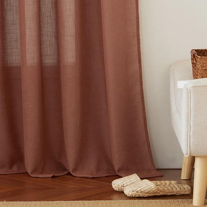 RYB HOME Linen Curtains 95 inches Long, Airy Breathable Absorbent Curtains & Drapes, Light Filter Half Privacy Protect for Sliding Door, Doorway, Living Room, Nursery, Wide 52", 2 Panels, Terracotta