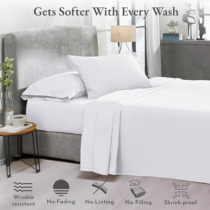 California Design Den 2-Pack Queen Bedsheet Sets - 400 Thread Count 100% Cotton Sateen - Extra Soft, Breathable & Cooling Sheets, Wrinkle Resistant, 2 Sets of Deep Pocket Bed Sheets - Bright White