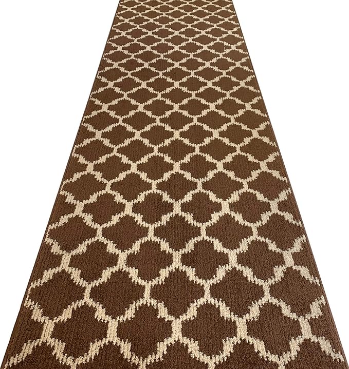 Custom Size Cut to Length Moroccan Trellis Design Runner Rug Mat For Wide Long Hallways with Non-Slip Rubber Backing, Better Traction for Pets, Prevent Slippage, Trellis Brown, 31 inch X 20 feet