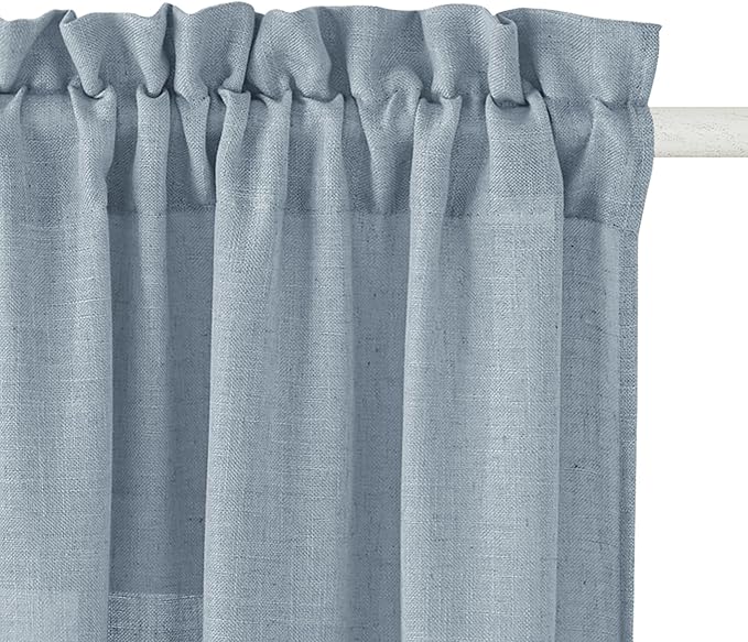RYB HOME Linen Sheer Curtains 63 inch Length for Dining Room Doorway, Rod Pocket Soft Textured Thick Linen Burlap Privacy Protection Light Filtering 2 Panels Set, W 52 x L 63 inches, Dusty Blue