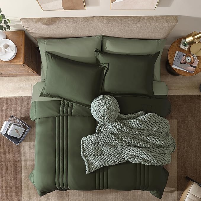 Monbix California King Size Comforter Set - 7 Pieces Bed in a Bag California King, Olive Green Bedding Sets, All Seasons Down Alternative Comforter Bed Set with Sheets, Pillowcases & Shams