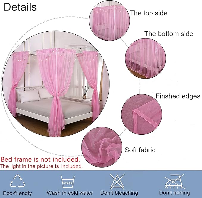Akiky Bed Canopy Panels Canopy Bed Curtains with Lights for Girls Boys Adults,Home Decoration Set of 8 Panels (Full/Queen, Pink)