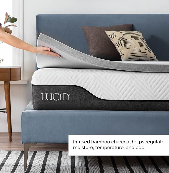 LUCID 2 Inch Bamboo Infused Memory Foam Mattress Topper - California King Size – Cooling Ventilation – Pressure Relieving Bed Topper - Mattress Pad – CertiPur Certified