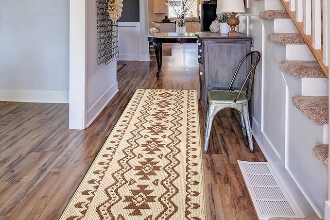 Custom Length Cut to Size Tribal Ethnic Southwestern Inspired Hallway Runner Rug, Non Slip Rubber Backed, 31 inch Wide X Customized Length, Aztec Beige, 31 inch X 16 feet