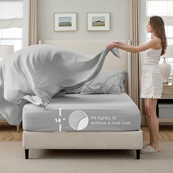 Bedsure Full Size Comforter Sets - Bedding Sets Full 7 Pieces, Pintuck Bed in a Bag Light Grey Bed Set with Comforter, Sheets, Pillowcases & Shams